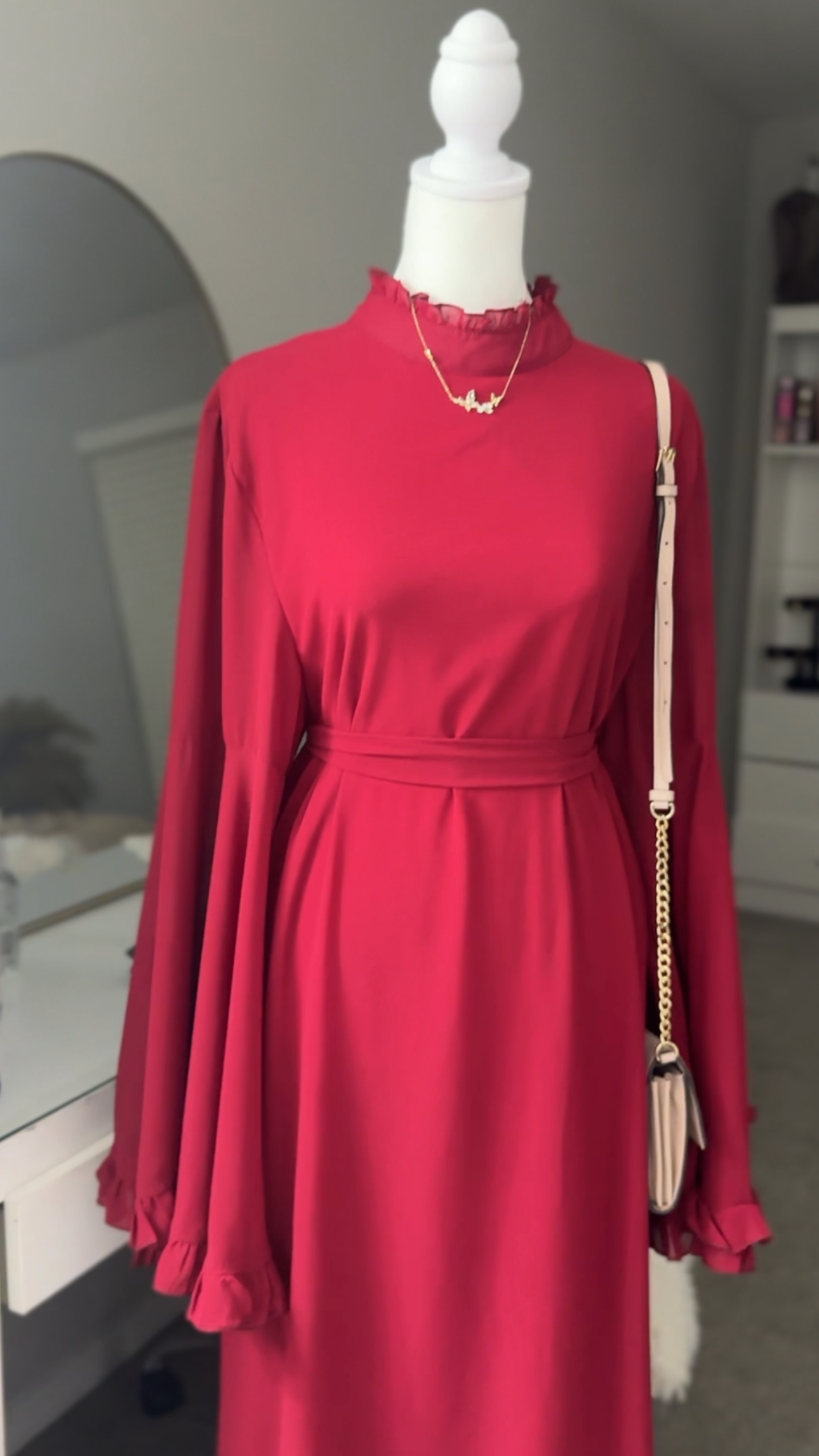 Red Chiffon Abaya, Bell sleeve with Ruffle Accents, Tie Closure and High Neck