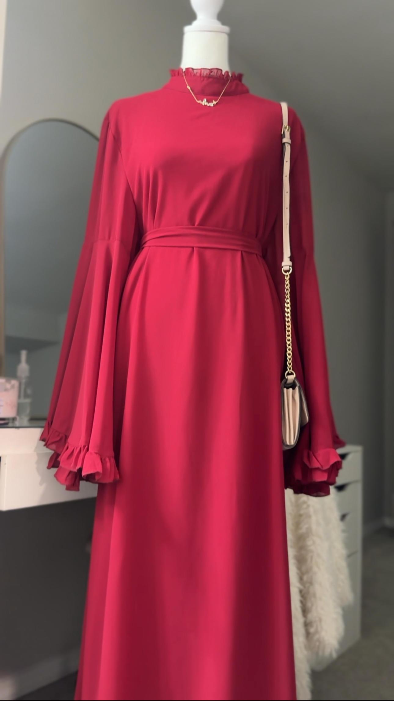 Red Chiffon Abaya, Bell sleeve with Ruffle Accents, Tie Closure and High Neck
