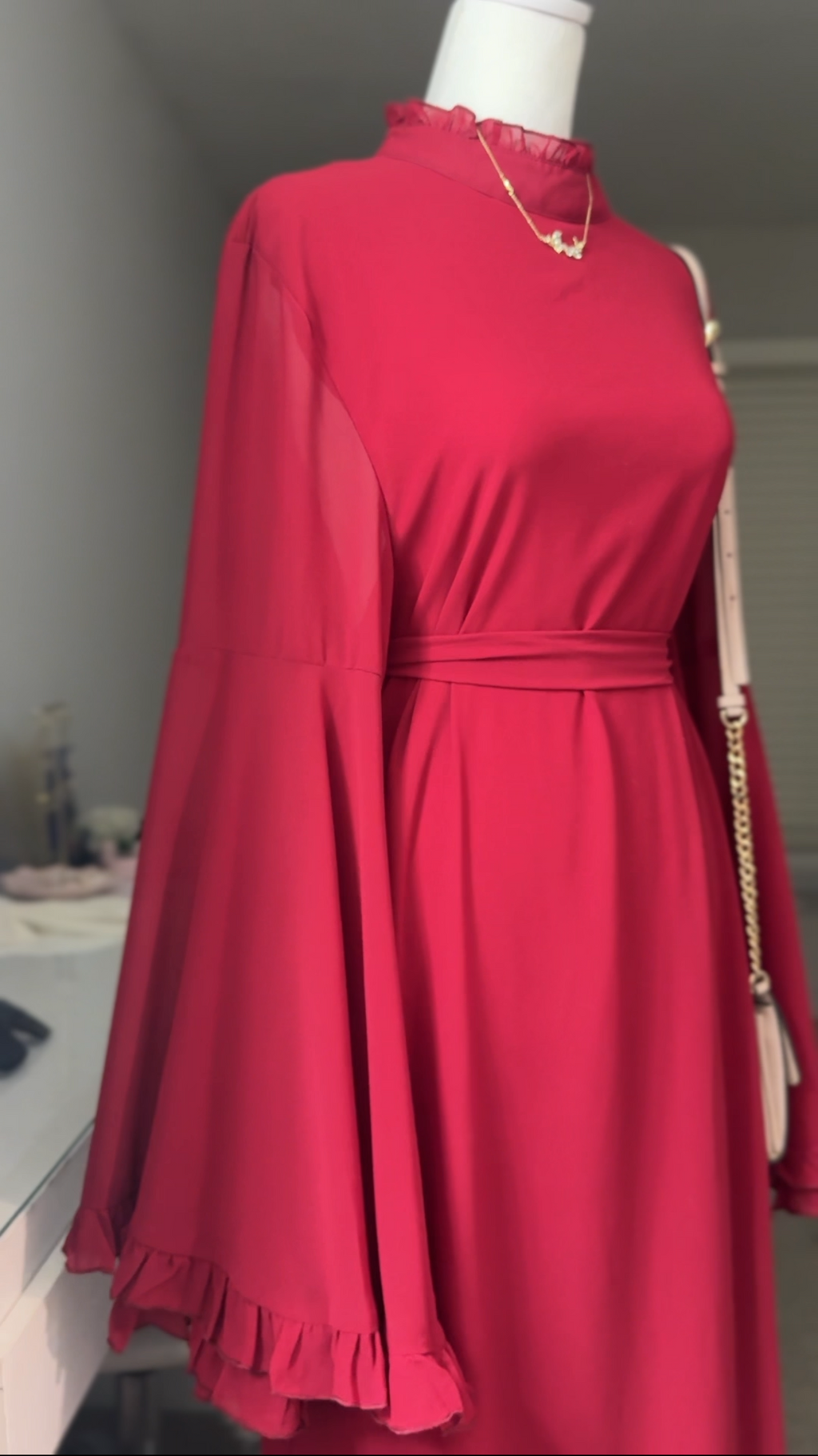 Red Chiffon Abaya, Bell sleeve with Ruffle Accents, Tie Closure and High Neck