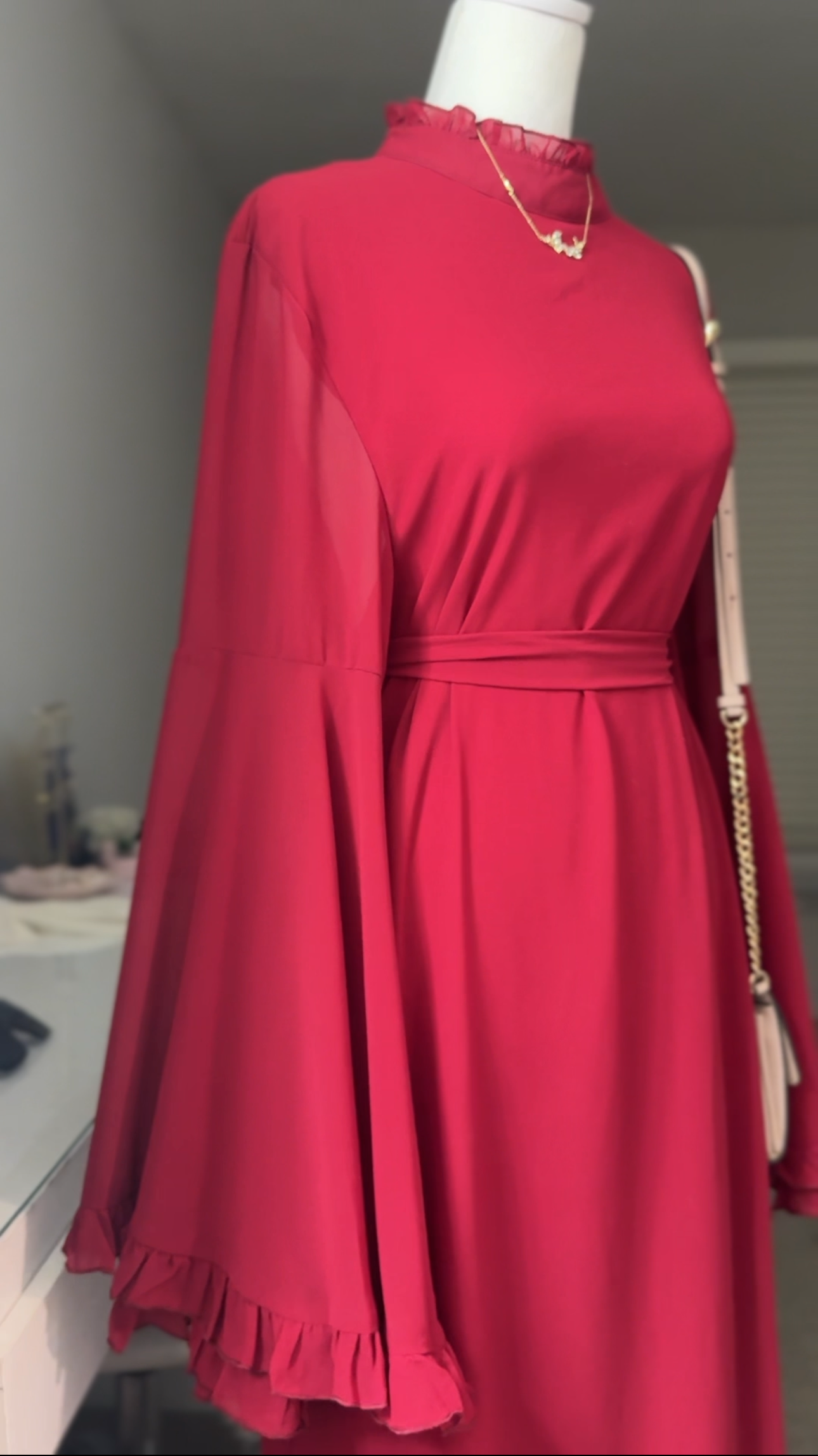 Red Chiffon Abaya, Bell sleeve with Ruffle Accents, Tie Closure and High Neck