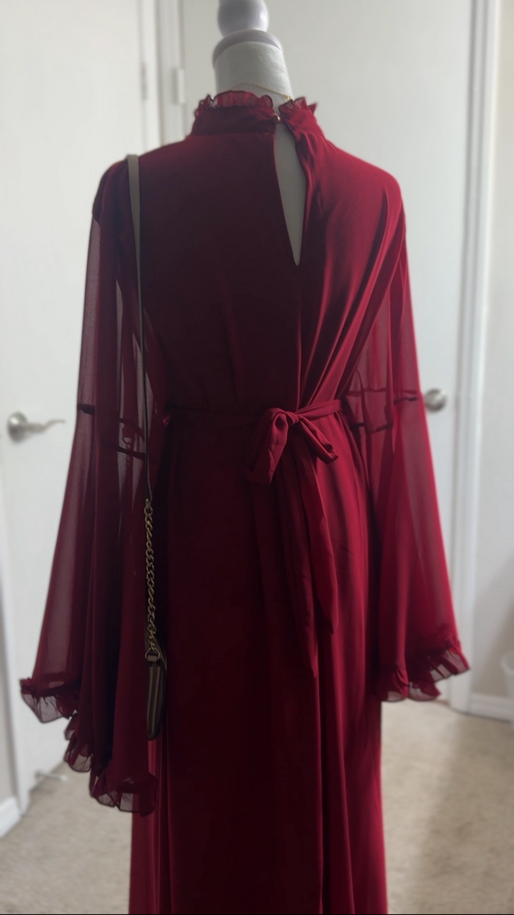 Red Chiffon Abaya, Bell sleeve with Ruffle Accents, Tie Closure and High Neck