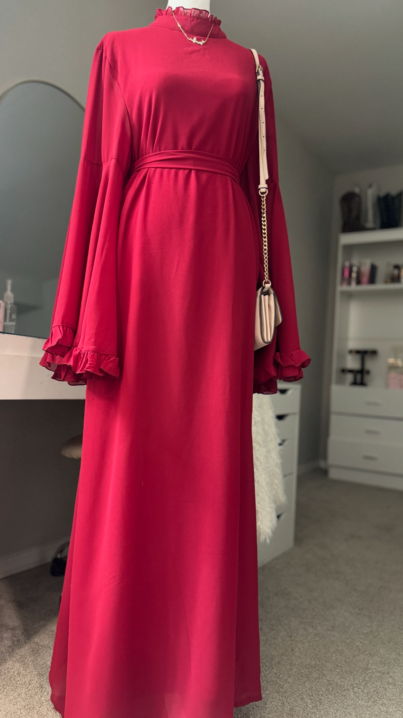 Red Chiffon Abaya, Bell sleeve with Ruffle Accents, Tie Closure and High Neck