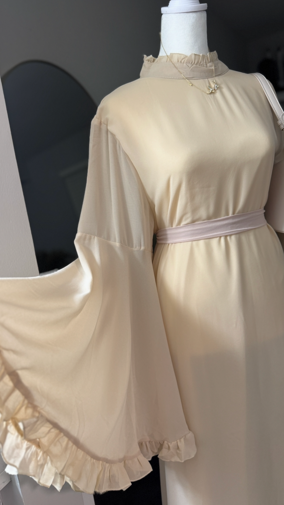 Aurora Chiffon Abaya, Bell Sleeve with Ruffle Accents, Tie Closure and High Neck fits Size M/XL
