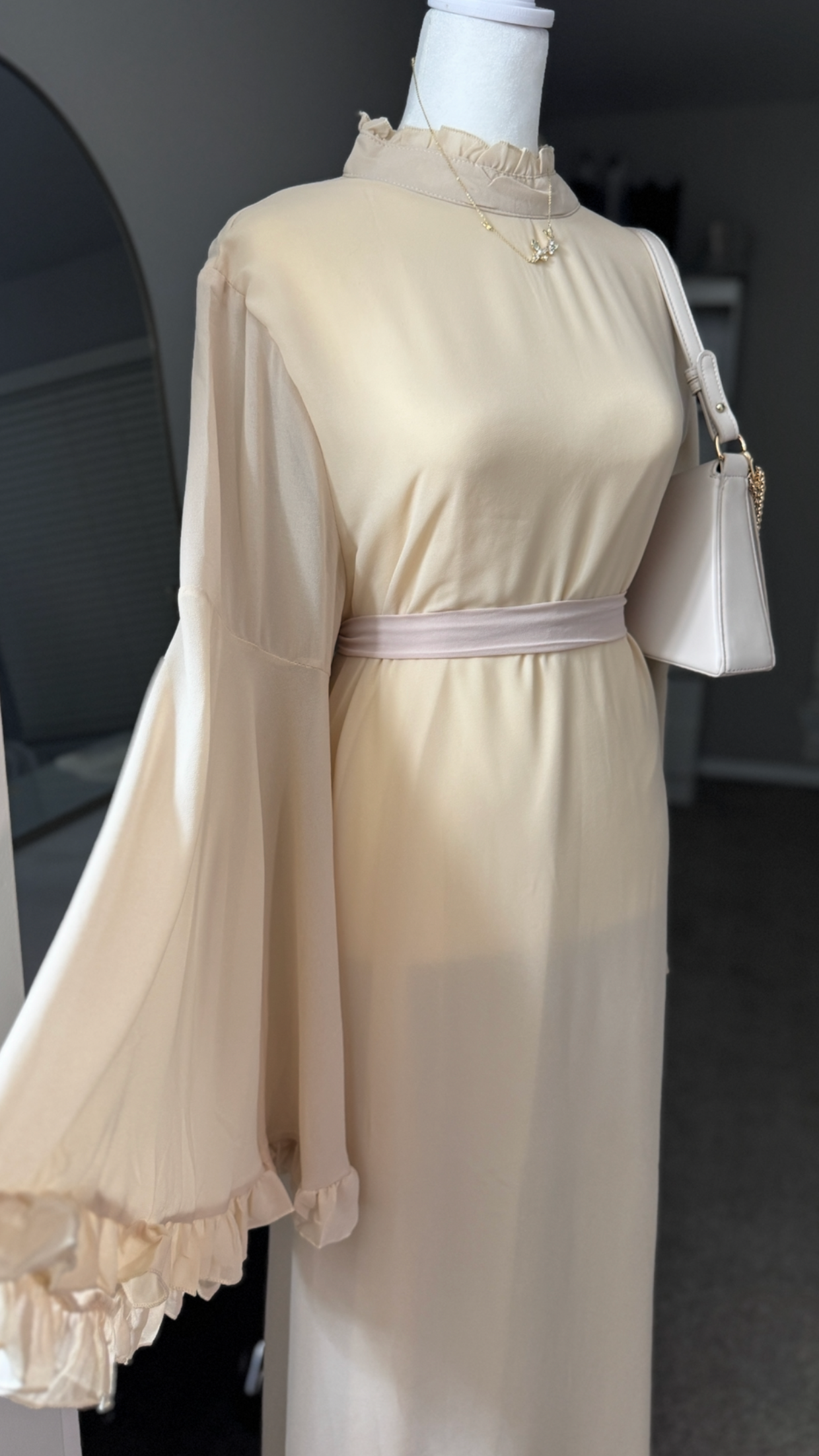 Aurora Chiffon Abaya, Bell Sleeve with Ruffle Accents, Tie Closure and High Neck fits Size M/XL