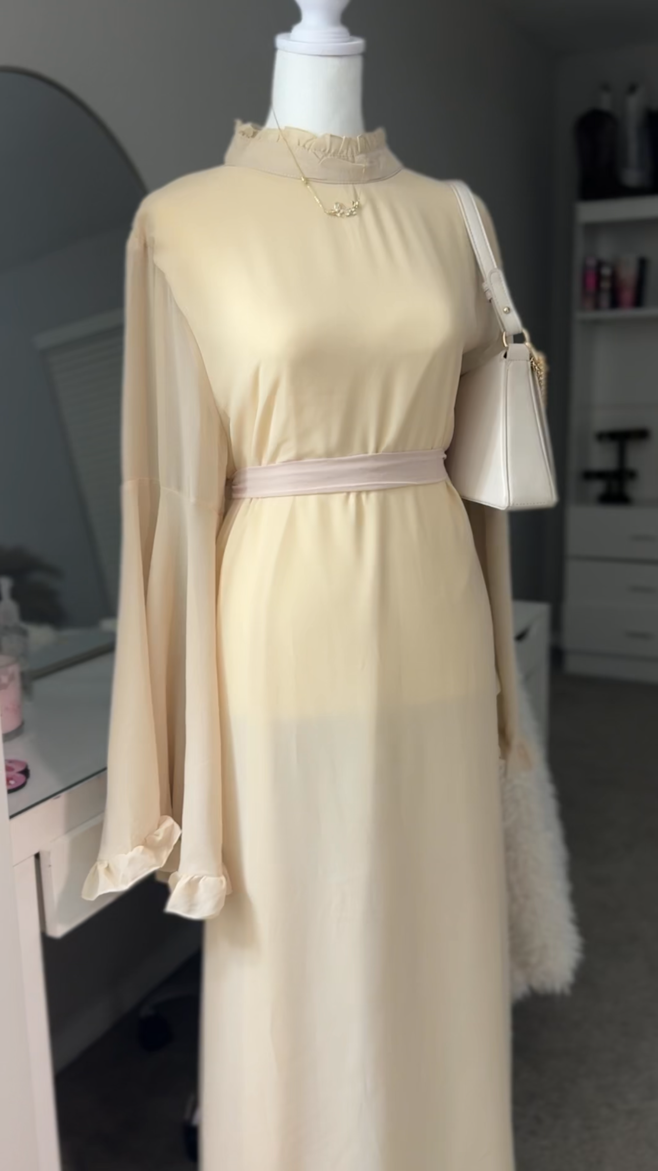 Aurora Chiffon Abaya, Bell Sleeve with Ruffle Accents, Tie Closure and High Neck fits Size M/XL