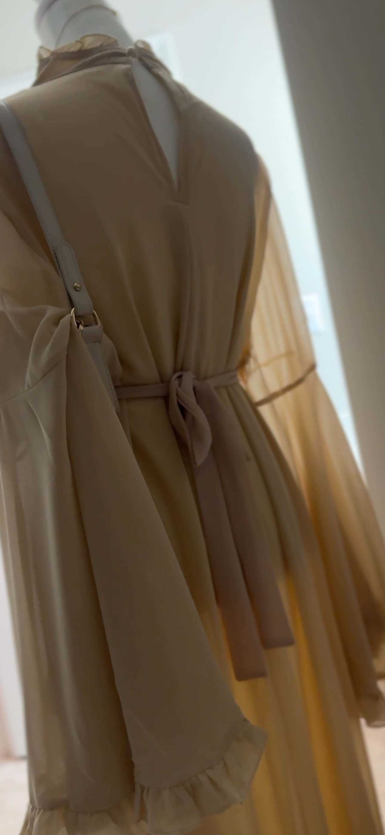 Aurora Chiffon Abaya, Bell Sleeve with Ruffle Accents, Tie Closure and High Neck fits Size M/XL