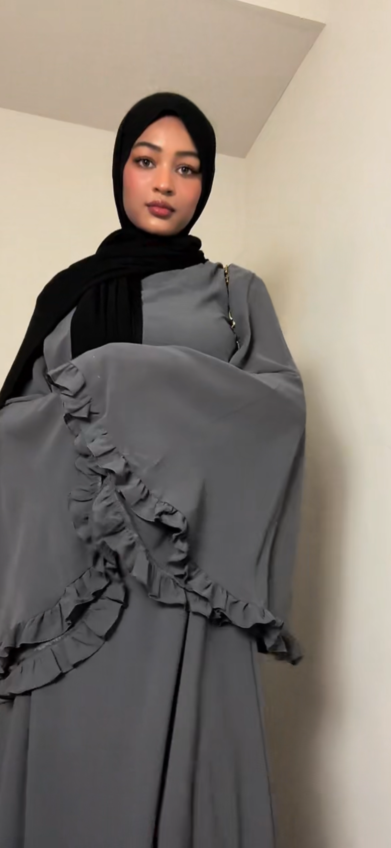Aurora Chiffon Abaya, Bell Sleeve with Ruffle Accents, Tie Closure and High Neck fits Size M/XL
