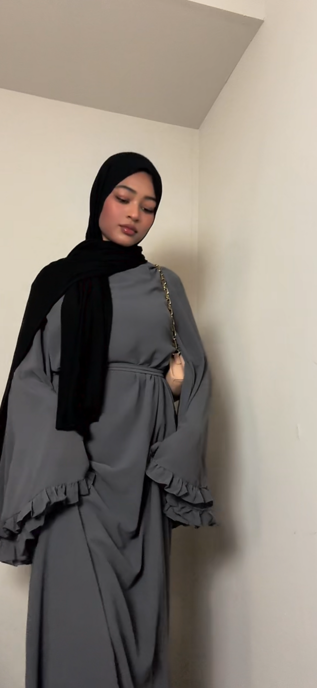 Aurora Chiffon Abaya, Bell Sleeve with Ruffle Accents, Tie Closure and High Neck fits Size M/XL