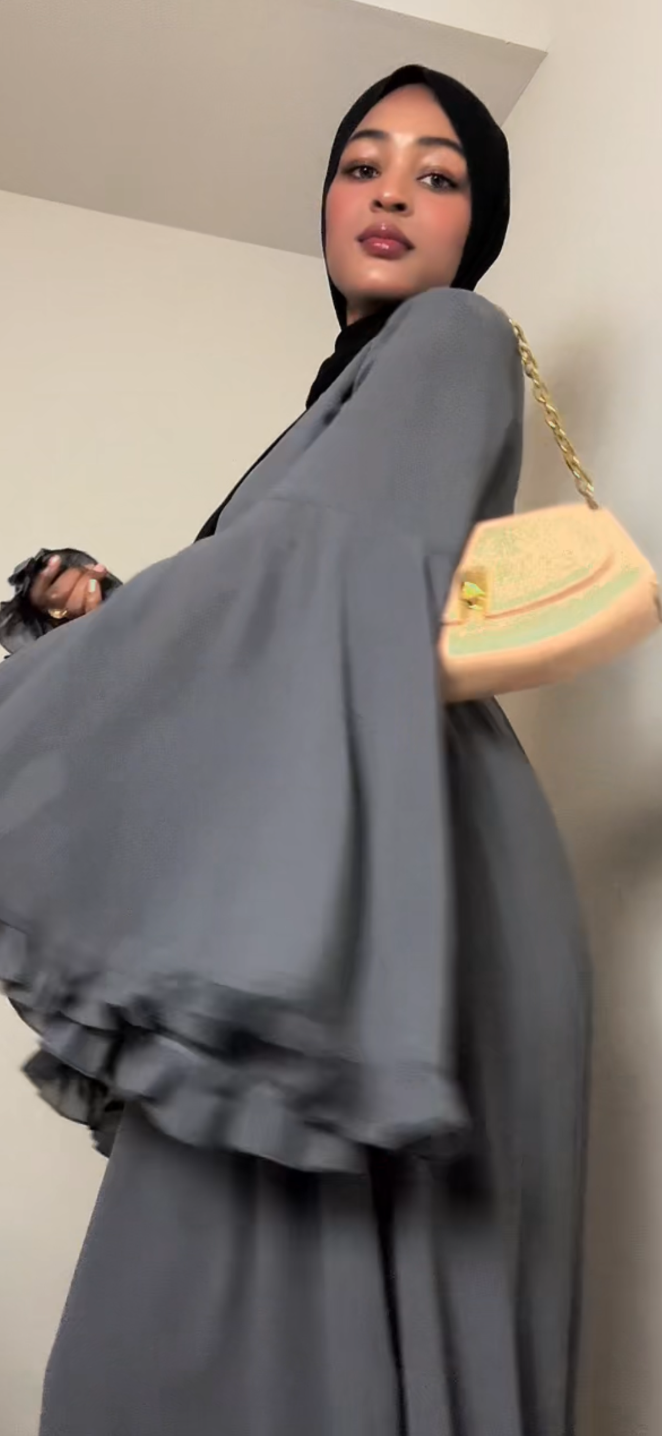 Aurora Chiffon Abaya, Bell Sleeve with Ruffle Accents, Tie Closure and High Neck fits Size M/XL