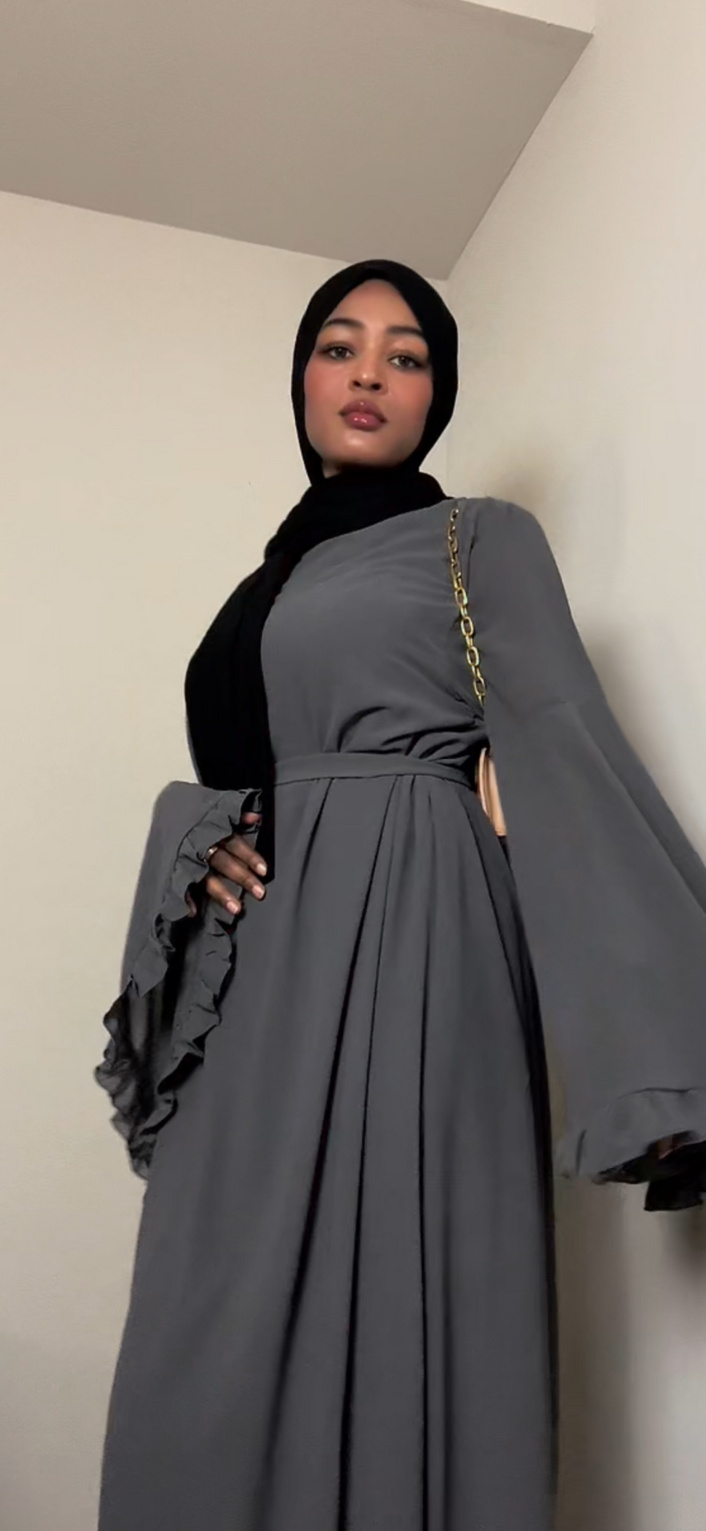 Aurora Chiffon Abaya, Bell Sleeve with Ruffle Accents, Tie Closure and High Neck fits Size M/XL