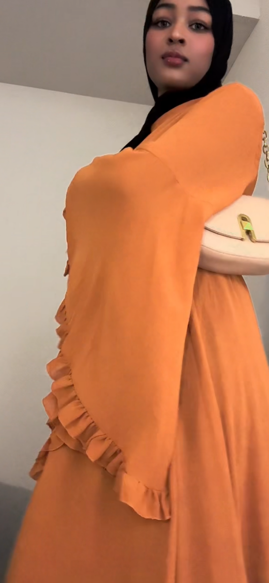 Aurora Chiffon Abaya, Bell Sleeve with Ruffle Accents, Tie Closure and High Neck fits Size M/XL