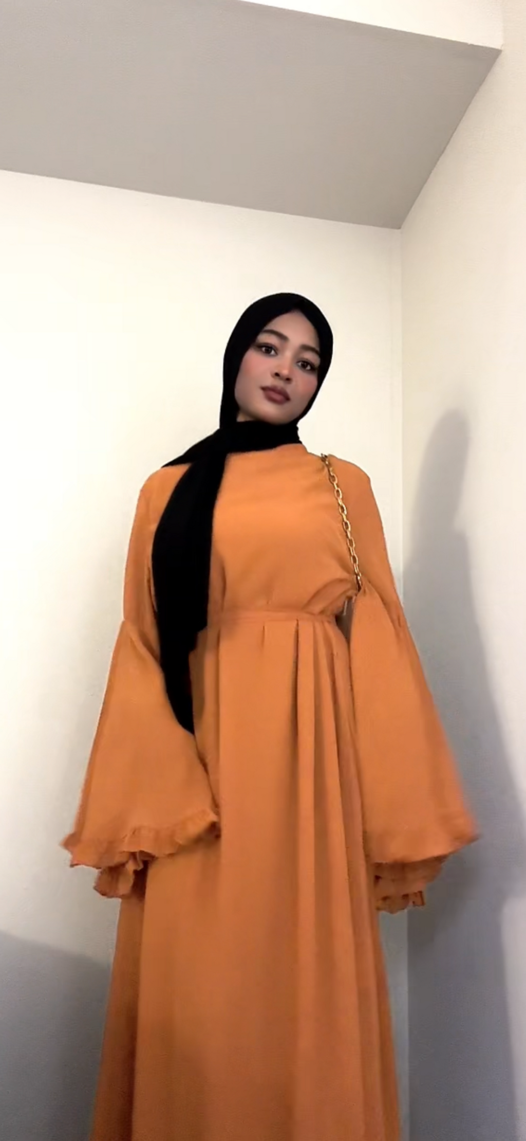 Aurora Chiffon Abaya, Bell Sleeve with Ruffle Accents, Tie Closure and High Neck fits Size M/XL