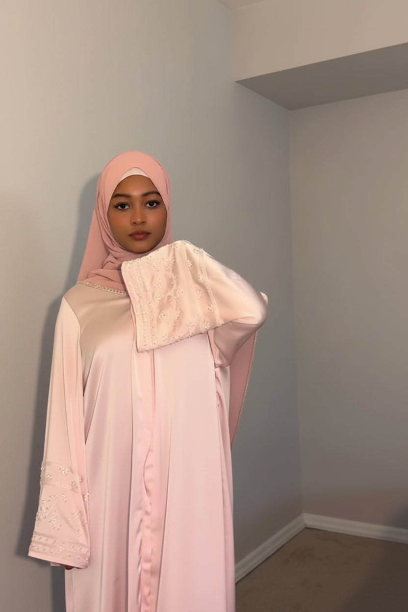 Amira Pink Satin Abaya Set
